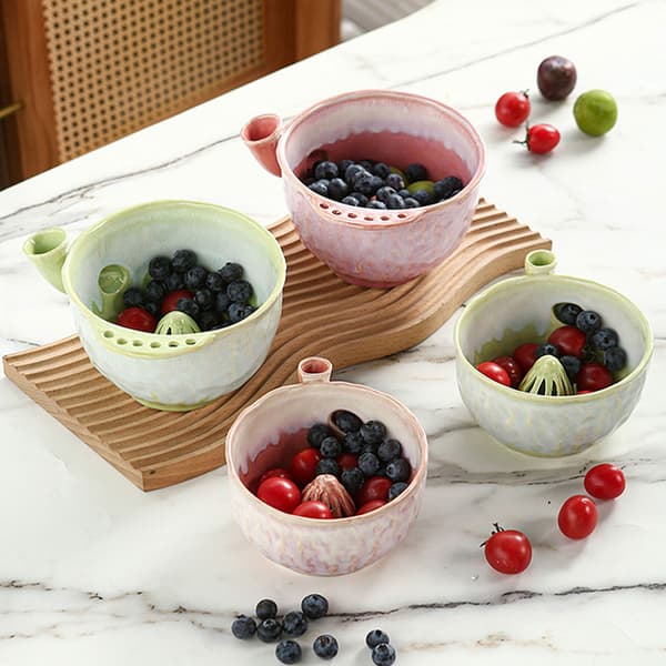 Ceramic Berry Washing Bowl Self-Rotating Swirl Colander with Drain Holes for Fruit Vegetables Pink Pink Large