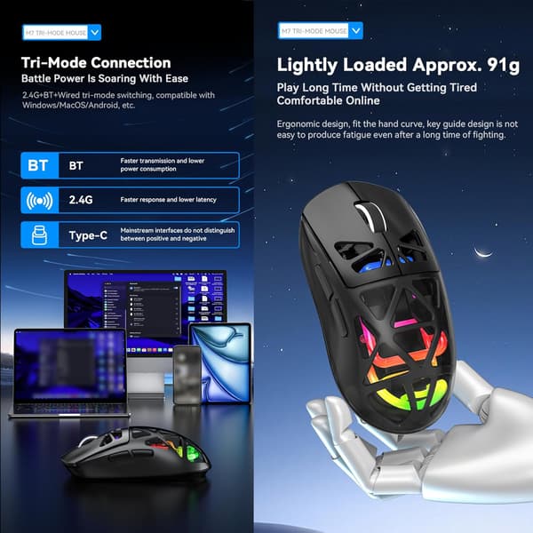 M7 Letvægts Gaming Mus 2.4G BT Kablet 3-Tilstandsforbindelse Transparent Hul Genopladelig Computermus med LED-lys til PC og Laptop