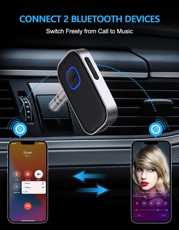 Bluetooth-mottaker for bil, støydempende 3,5 mm AUX Bluetooth-biladapter, håndfri samtale, 16 timers batterilevetid - svart + sølv