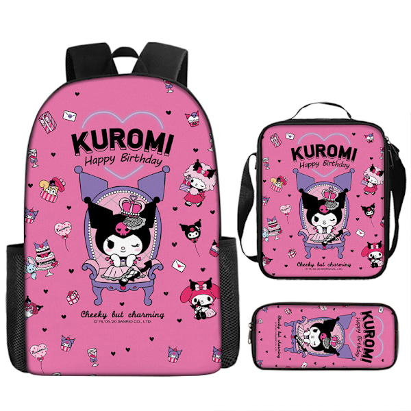 Tecknad Kuromi tredelat set Cinnamon dog KT katt tecknad grund- och gymnasieelever skolväska barnryggsäck G Three piece set