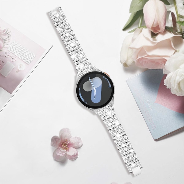 Rem til Samsung Galaxy Watch 7/6/5/4 20mm Bling Diamant Metal Udskiftningsrem til Kvinder og Mænd Silver