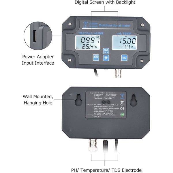 Wifi Digital vattenkvalitetstestare Väggmonterad 6 i 1 vattenanalysator PH/EC/TDS/SALT/S.G/Temperature