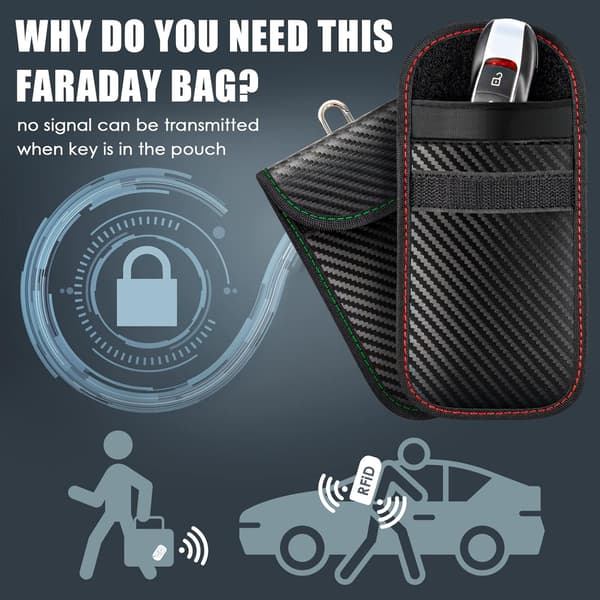Faraday-pose til nøglefri bilnøgler 2-pak RFID-signalblokerende pose kulfiber tyverisikringsetui til nøglebrikbeskyttelse sort