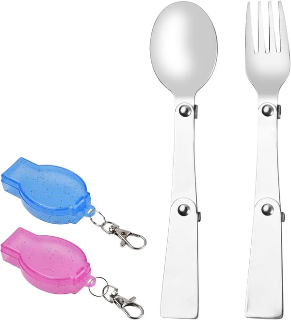 2-delt foldbart sæt med ske og gaffel i rustfrit stål - Bærbart campingsæt til udendørs picnic og rejser - Blå og pink
