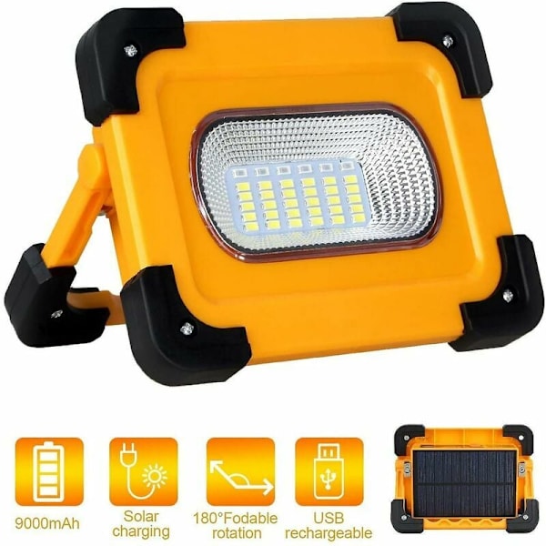 Uppladdningsbar LED-strålkastare 60W 3000 Lumen Byggarbetsplatslampa med 9000mah Batteri och Solpanel 4 Lägen Bärbar Lykta Utomhusstrålkastare