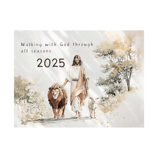 Jeesus seinäkalenteri 2025, uskonnollinen taide seinäkalenteri, Raamatun jakeita sisältävä kuukausittainen kalenteri Kristuksen ystäville