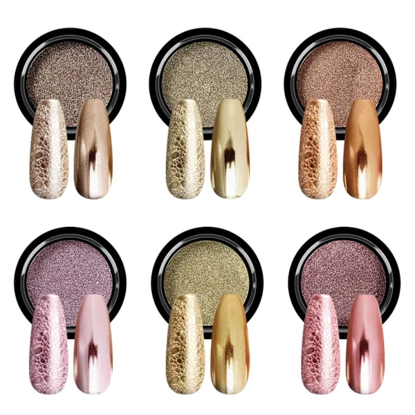 Krom Nagelpulver - Holografiskt Guld Nagelpulver 6 Färger Spegel- och Bubbeleffekt Nagelkonst Dekoration Manikyr Pigment Set