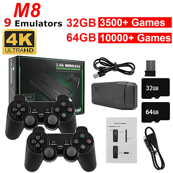 M8 Videospelskonsol 32/64G 2.4G Dubbel Trådlös Handkontroll Spelkonsol 4K HD Lite Inbyggd 10000 Spel Retrospel För PS1/MAME Only 2 handles