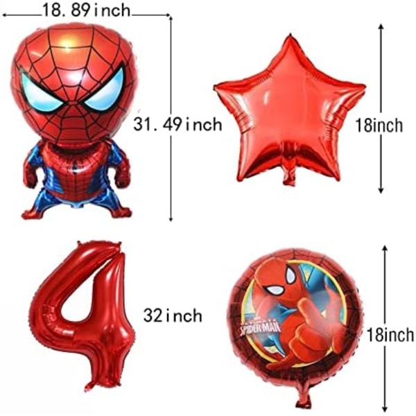 6 st Superhjälte Spiderman 4-årsdag Dekorationer Röd Nummer 4 Ballon 32 tum | Spiderman Födelsedag Ballonger (Spiderman 4-årsdag)