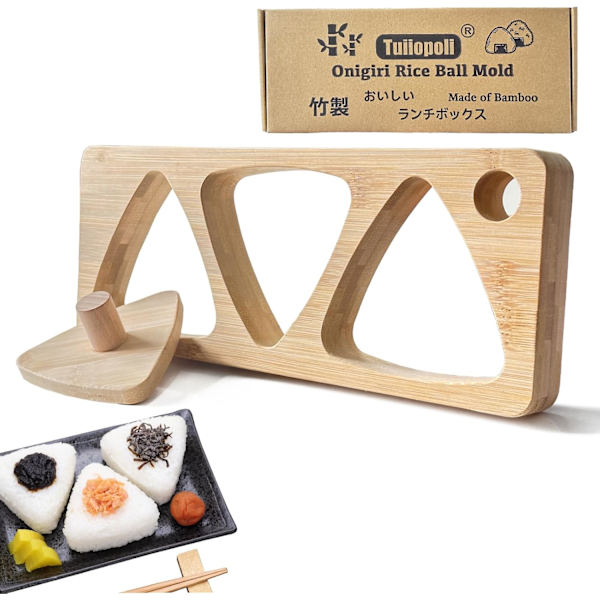 Risbolls-kit med bambuformar, inklusive pressplatta och triangulär sushiform, för japansk matlagning. Klassisk risbollsmaskin i trä
