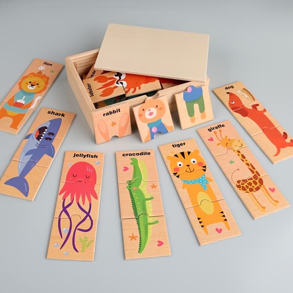 Trädjurmatchningspussel i en låda för pedagogisk lek Animal Matching Puzzle