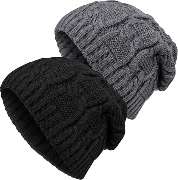 Varm Vintermössa för Kvinnor - 2-pack Mjuk Stretch Plyschmössa - Lösstickad Skidmössa - 30x24cm
