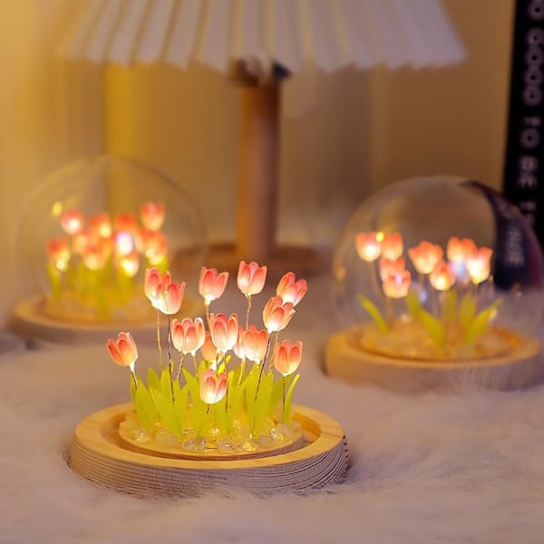 20 Blomster) Samlet Tulipan Lampe Natlampe med Glaskuppel, Cool Håndlavet Kunstig Blomst Bordlampe Soveværelse Skrivebords Dekoration