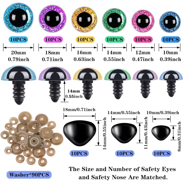 180 kpl 10-20 mm suuria turvasilmiä ja -neniä virkattuihin eläimiin. Kromaattiset muoviset silmänapit ommeltavaksi aluslevyllä.