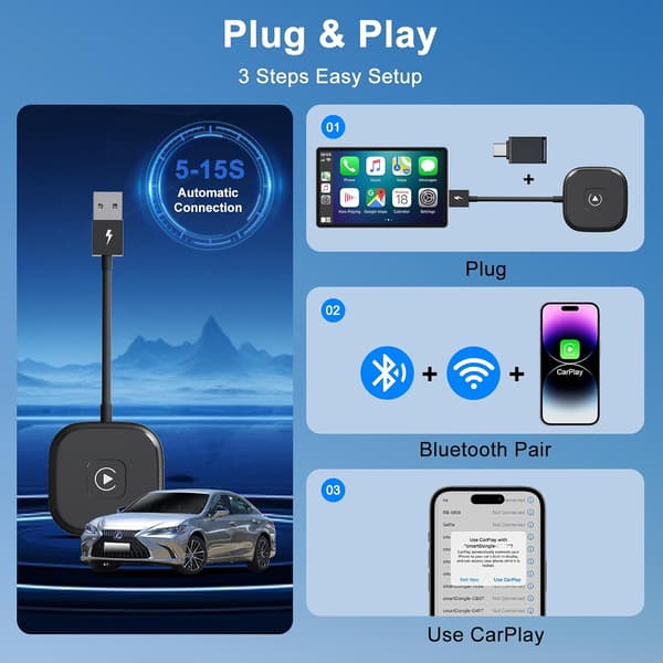 Trådløs CarPlay-adapter til iPhone Opgrader kablet til trådløs CarPlay Nem Plug and Play til bil