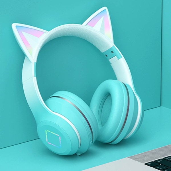 Trådlösa Bluetooth-hörlurar för barn med kattöron, RGB-belysning, hopfällbara, med mikrofon och volymkontroll för flickor Green