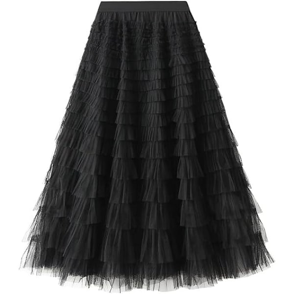 Lang Maxi Tulle Skjørt Dame A-Linje Ruffle Mesh Højtaljet Skørter Underkjole Sort Black M