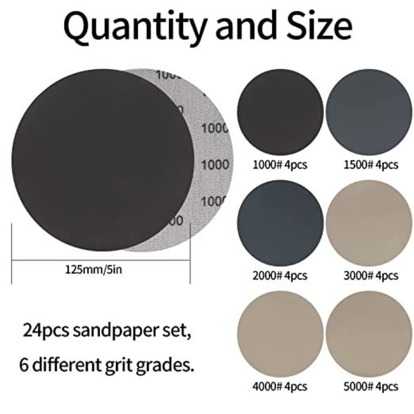 30kpl 125mm Vesihiomapaperi Pyöreät Laikat Satunnaisorbitahiomakoneet Metalli Puu Hiontapaperi Laikat - 1000/1500/2000/3000/4000/5000 Karkeus