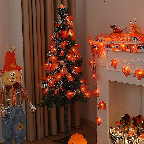 Höstlönnlövgirlang med älvljus Vattentäta ljusslingor för Thanksgiving Halloween-dekor{HH}
