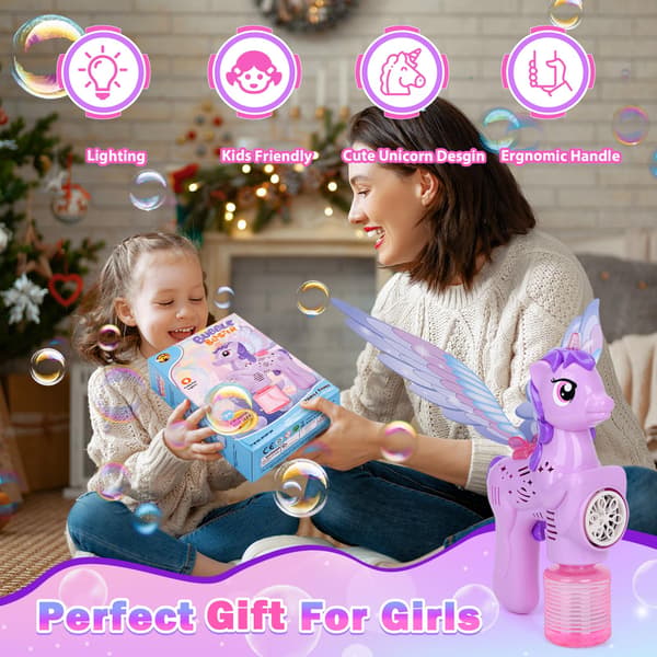 Bubble Guns for Kids, Luminous Unicorn Bubble Machine Gun with Wings, Automatic Bubble Maker Bubble Blaster for Kids (Purple)