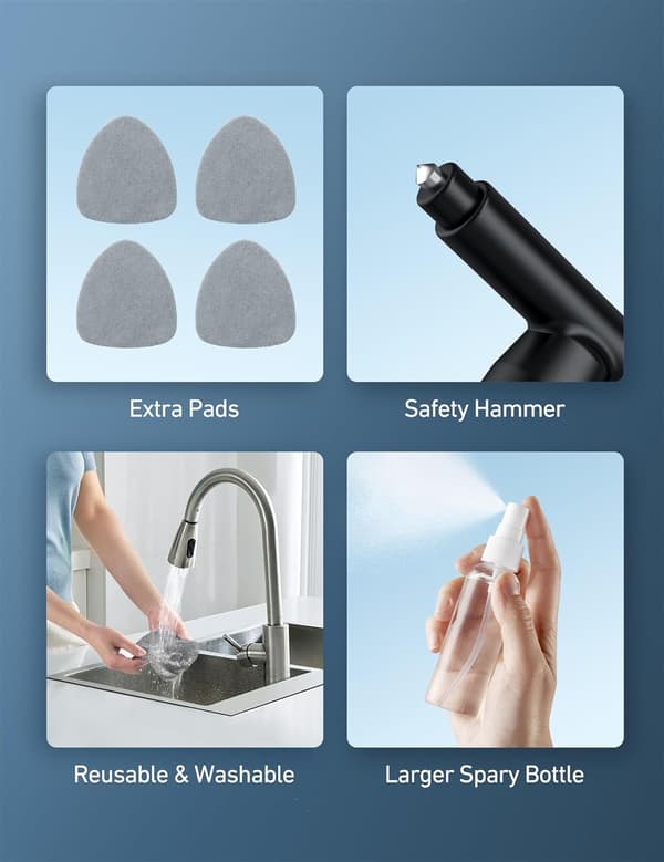 Windshield Cleaning Tool, Car Interior Detailing Cleaning Kit with Extendable Handle and 4 Reusable Microfiber Pads, Grey Grey