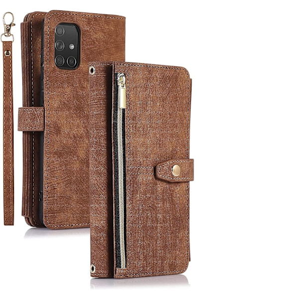 Til Samsung Galaxy A51 4g, 9 Kortpladser Vintage Læder Wallet Stødsikker Klap med Håndrem Kortpladser Lynlåslomme - Brun
