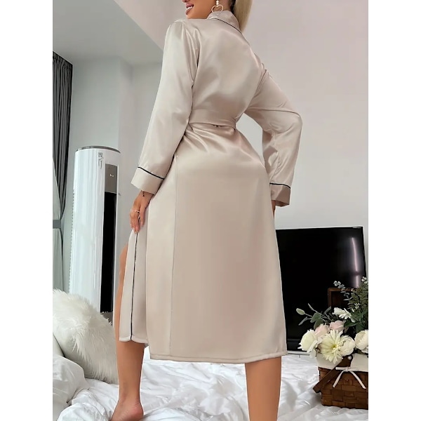 Satin Natkjole, Elegant Langærmet V-Hals Kåbe Med Bælte, Dame Nattøj Khaki Khaki L