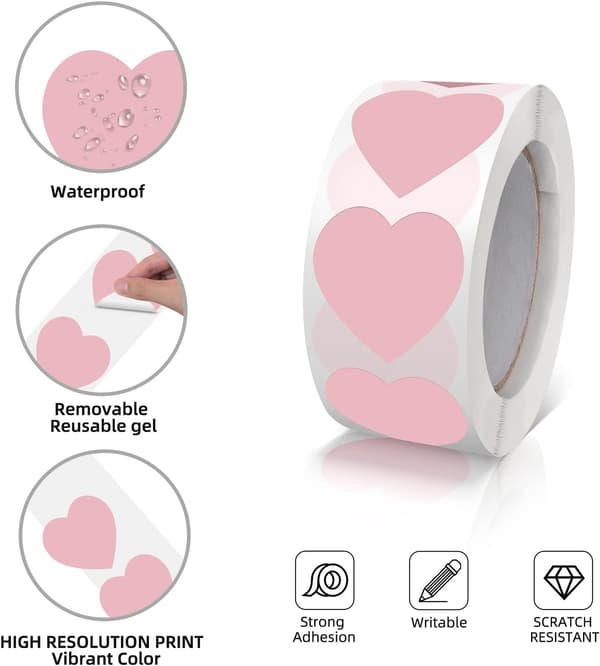 500-pak 1 tomme rosa hjerteformede klistremerker til Valentinsdag, konvolutter, esker, gavekort