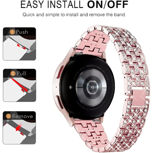 Rem til Samsung Galaxy Watch 7/6/5/4 20mm Bling Diamant Metal Udskiftningsrem til Kvinder og Mænd Rose pink