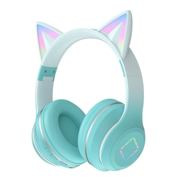 Trådlösa Bluetooth-hörlurar för barn med kattöron, RGB-belysning, hopfällbara, med mikrofon och volymkontroll för flickor Green
