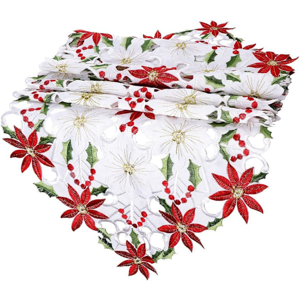 Broderte julebrikker med julestjerne og misteltein, lin til julepynt 36,8 cm x 175,3 cm