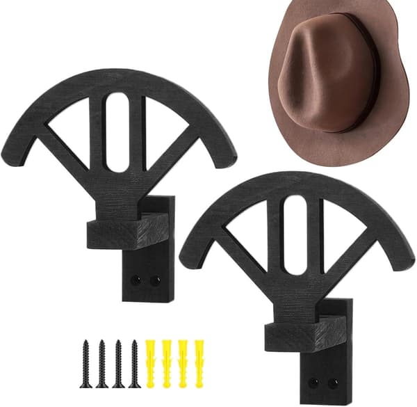 Väggmonterad hattställ i trä, set om 2, justerbar för cowboyhattar och kepsar - Svart