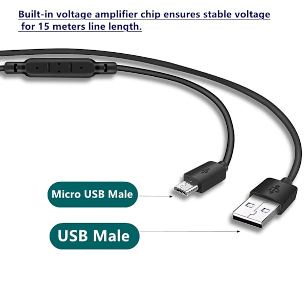 Superlång USB till Micro USB Laddningskabel för Termometer/Kamera Lång Hållbar Laddningssladd Spänningsförstärkare 15 Meter