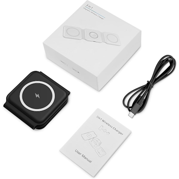 Laddstation för Flera Apple-enheter - 3 i 1 Vikbar Magnetisk Trådlös Laddningsdocka - Reseladdningsplatta (Mörk)