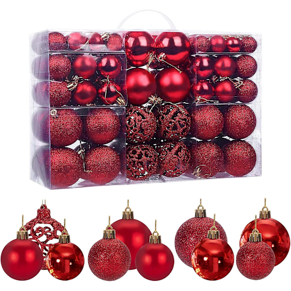 Förpackning med 100 Röda Julkulor för Julgran, Glitter, Opaque, Glänsande Dekorationer, Diameter 3, 4 och 6 cm