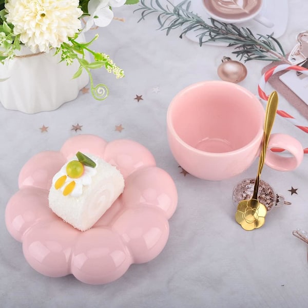 Keramisk Kaffekopp, Moln Kaffekopp och Fat Set, Söt Kopp med Blomsked och Solrosunderlägg, Kawaii Tekopp med Fat Pink