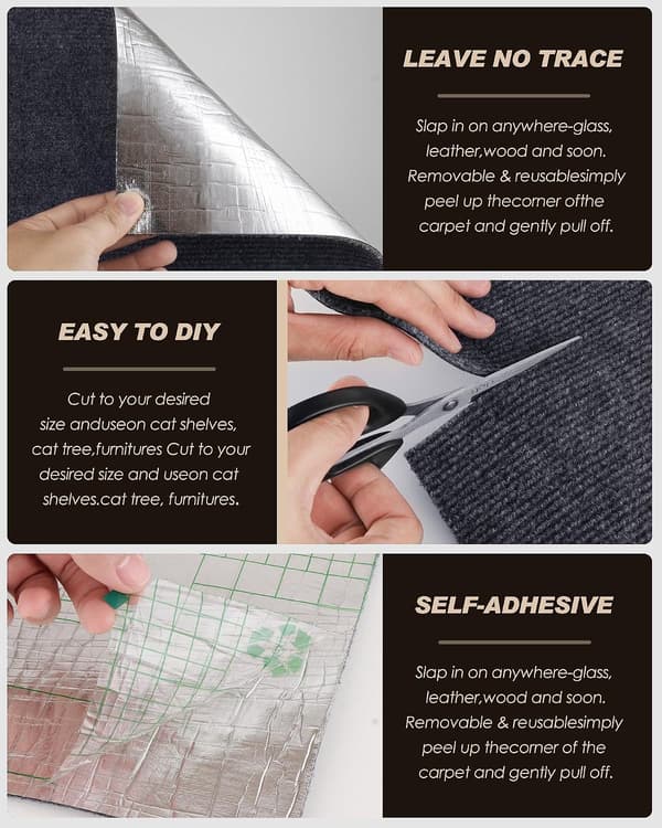 Selvklebende Klorematte for Katter 30x100 cm, Klippbar Teppebeskytter for Møbler og Vegger - DIY Erstatningsputer for Klatrestativ Mørk Grå
