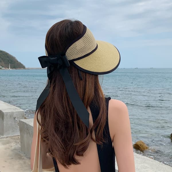 Foldable Sun Visor Women Wide Brim Bow Sun Hat Breathable Summer Beach Hat