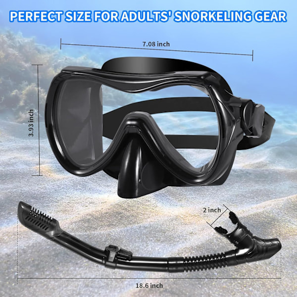 Tiivis ja huurtumaton karkaistu lasilinssi Panoraamanäkymä Uimalasit Kuiva yläosa Snorkkelisetti Snorklaukseen Sukellukseen Uintiin Matkustamiseen{hh} black