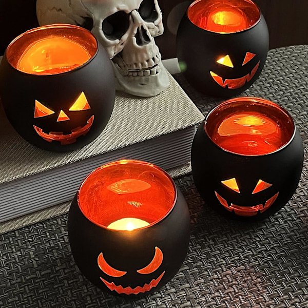 Halloween Borddekorasjonsett med 6, Jack O Lanterns Svarte Glass Votive Tealight Lysestaker, Halloween Dekorasjoner Innendørs Fest Mantel