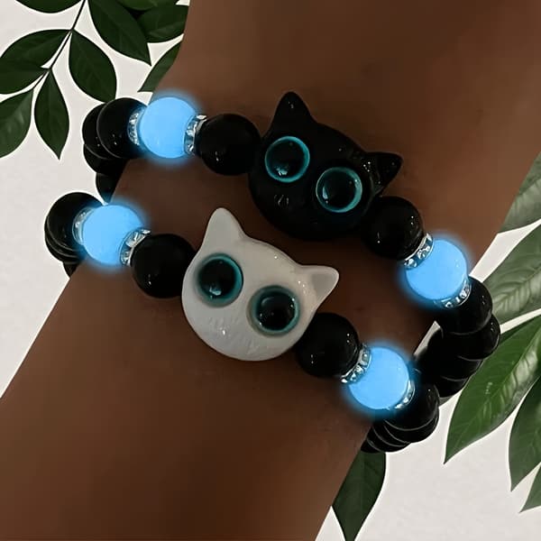 2 stk. Elastiske pararmbånd med kattehode, glødende, justerbare smykker 【Multi Color】