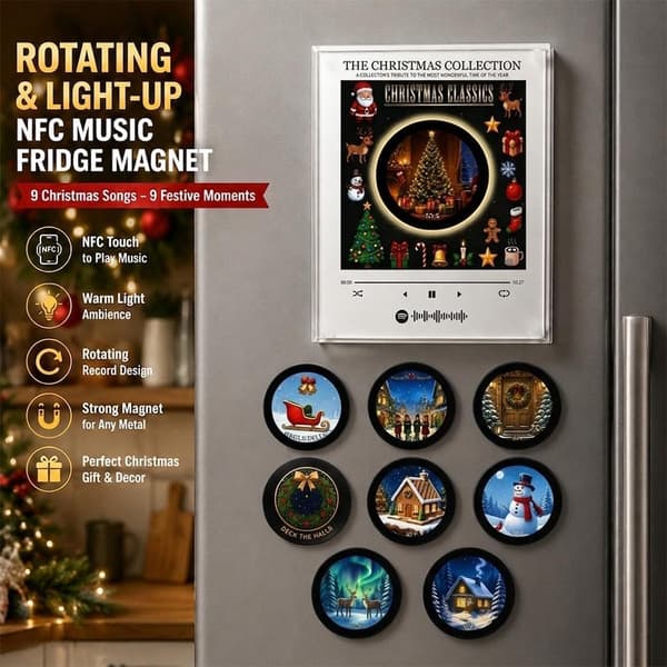 Christmas Vinyl Player Refrigerator Magnet with 9 NFC Discs, LED Lights, Retro Music Decor SNOWMAN
