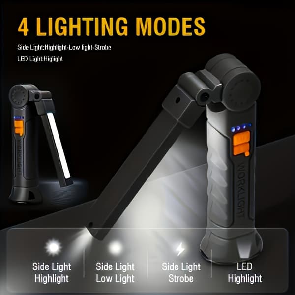 4 stk. LiHangStar Kraftige LED-lommelykter med magnetisk base, USB-oppladbar arbeidslampe, magnetisk base, 4 moduser (Lys/Dim/Strobe/SOS) 4pcs