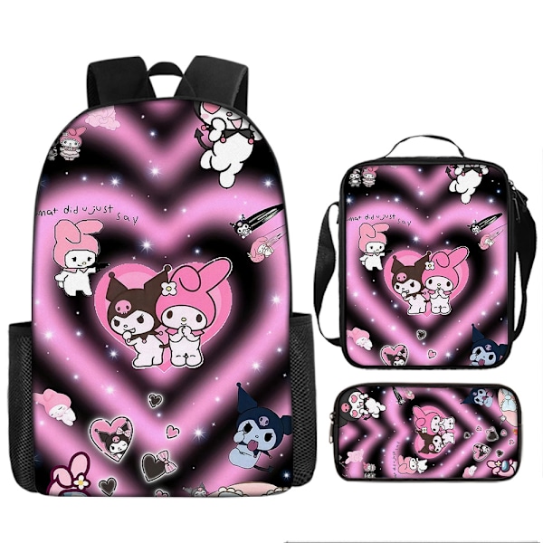 Tecknad Kuromi tredelat set Cinnamon dog KT katt tecknad grund- och gymnasieelever skolväska barnryggsäck 27 Three piece set