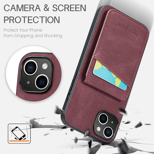 FIERRE SHANN Korthållare Telefonfodral för iPhone 13 RFID-blockering PU Läder+TPU Ställskydd Red