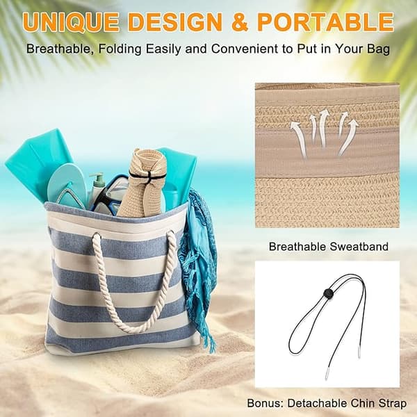 Sammenfoldelig stråsolhat med bred skygge til kvinder, sommerstrand, off-shoulder solbeskyttelse, beige