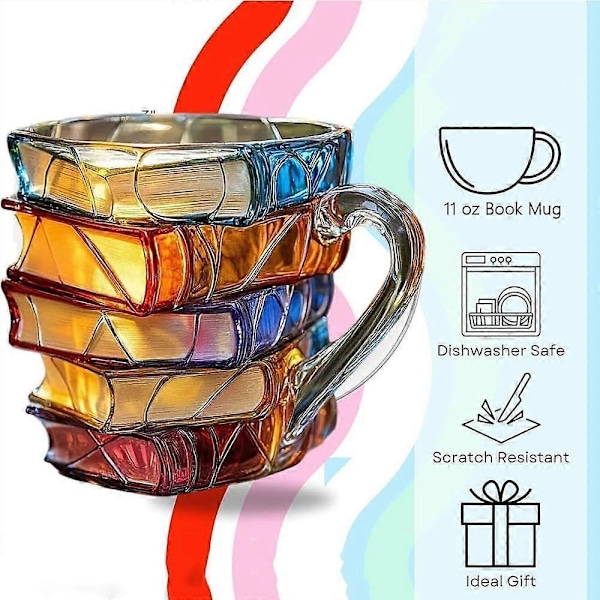 Målad bokmugg, handgjord färgad glasbok kaffemugg, nyhet unik färgglad ayl böcker stapelformad kaffekopp gåvor till bokälskare läsare