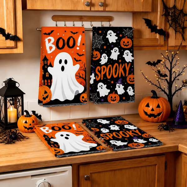 2-pack Halloween kökshanddukar med spöke- och pumpatryck, mjuka absorberande disktrasor för matlagning och bakning 2pcs