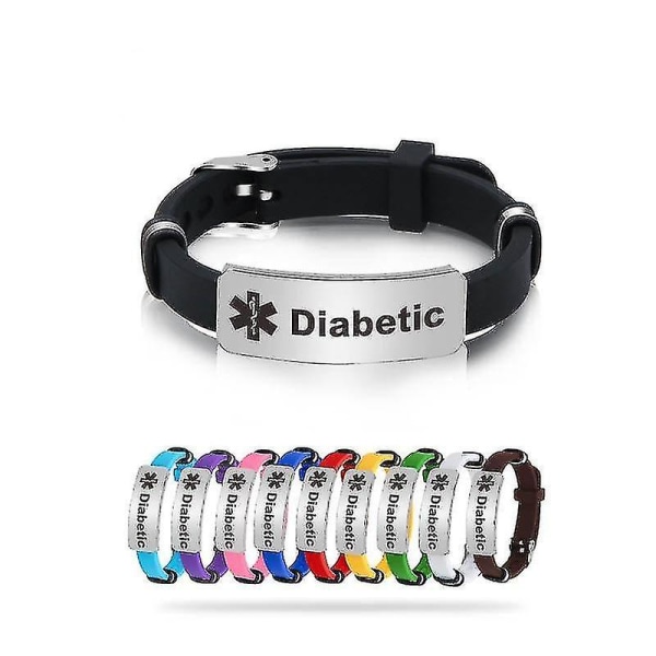 Svart silikon diabetikerarmband - rostfritt stål medicinsk varningssymbol Diabetic