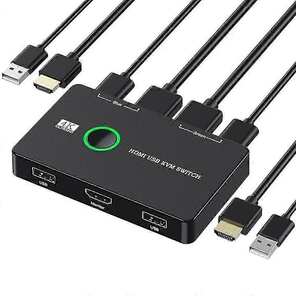 KVM-kytkin 2-porttinen laatikko USB ja HDMI-yhteensopiva kytkin 2 tietokoneelle, joilla jaetaan näppäimistö, hiiri, tulostin
